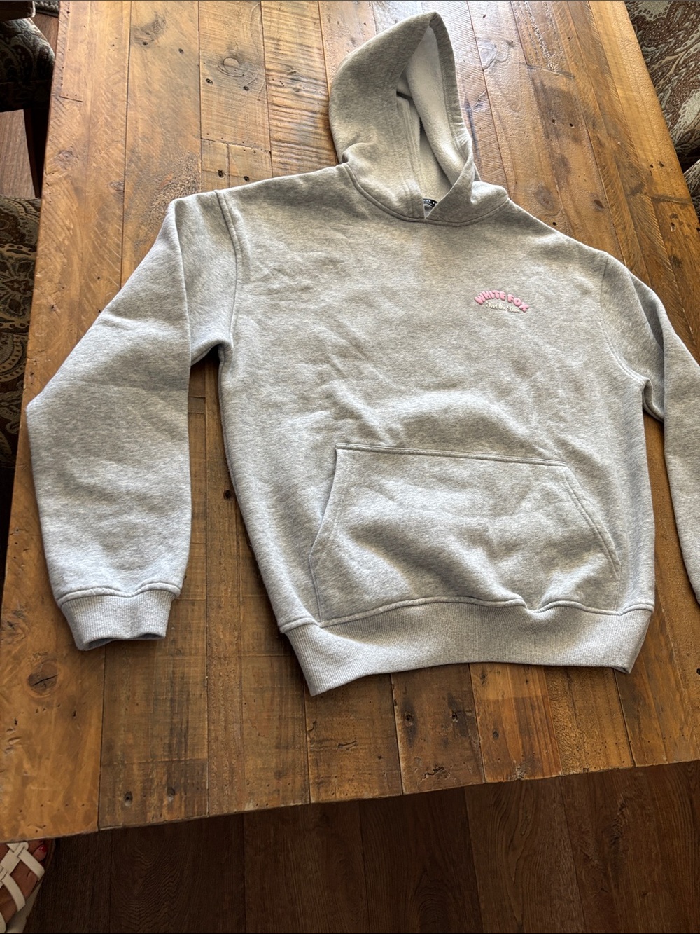 White Fox Women’s Grey Hooded Sweatshirt with Pink Embroidery
